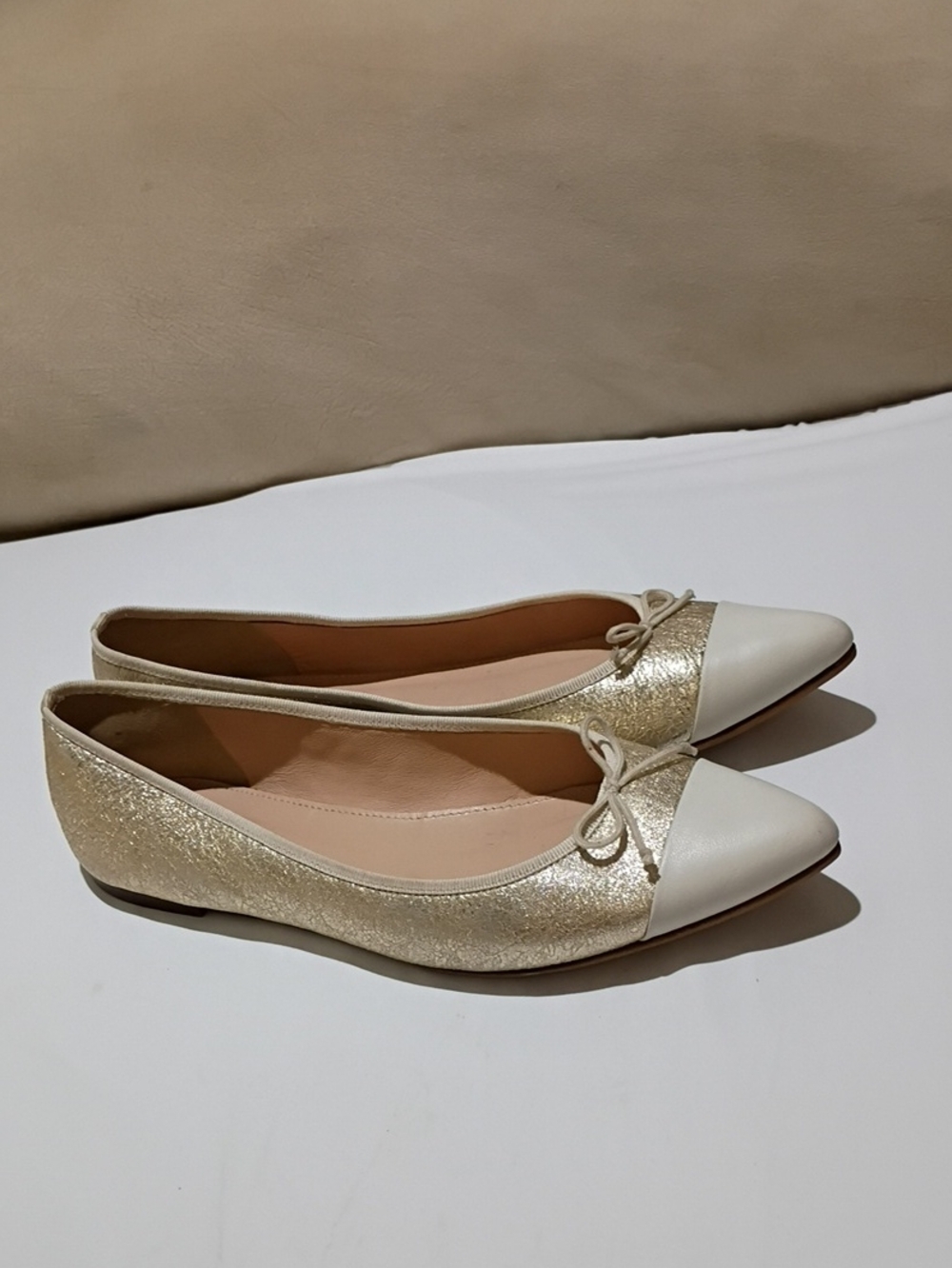 J. Crew Gold and White Pointed Toe Ballet Flats